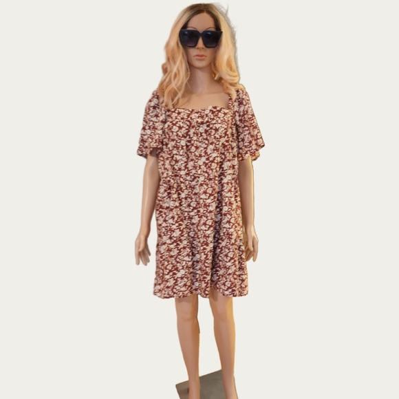 Abercrombie & Fitch Burgundy & Cream Flutter Sleeve Dress, SZ L - Picture 1 of 7